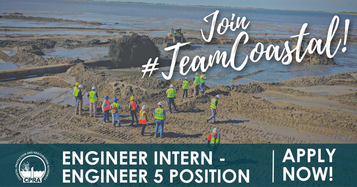 LouisianaCPRA's tweet photo. #TeamCoastal is looking for an engineer interested in leading the efforts on some of the largest and most complex ecosystem restoration and protection projects⚙️ Sound like the job for you? 
Click here to learn more ➡️ https://t.co/CuMS9VLEba https://t.co/u5i0b78eA5