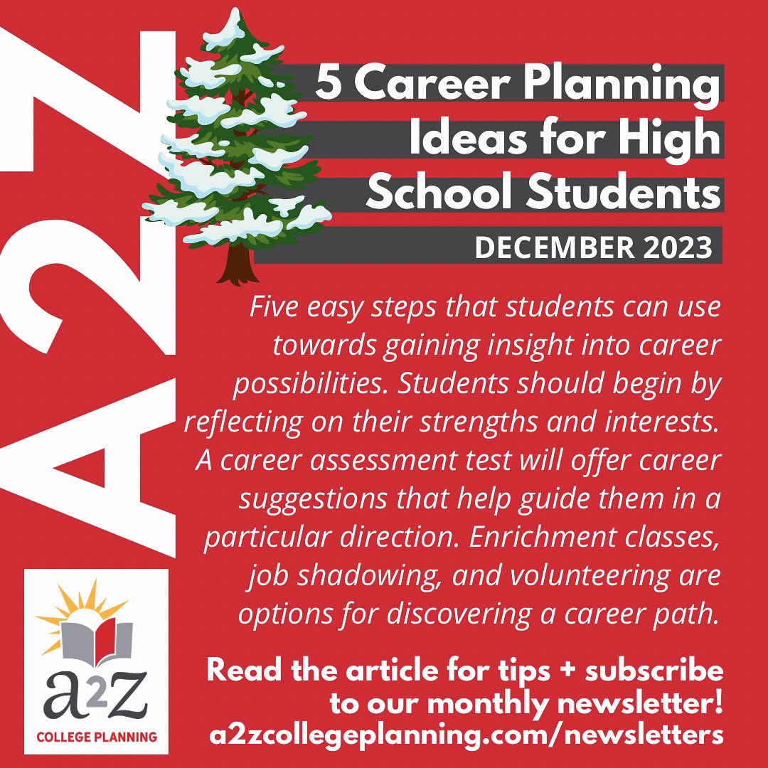 a2zcollegeplan's tweet photo. 5 steps towards gaining insight into career possibilities: Students should reflect on strengths/interests. A career assessment test can guide in a particular direction. Enrichment classes, job shadowing + volunteering can help discover a new career path. https://t.co/S0l8FGP4OD https://t.co/C1DbbXCYiI