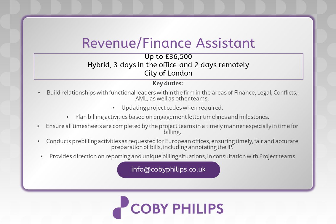We've got a NEW permanent role available!
Revenue/Finance Assistant - Based in the City at a Management Consultancy - Up to £36,500
Please contact us at info@cobyphilips.co.uk :)