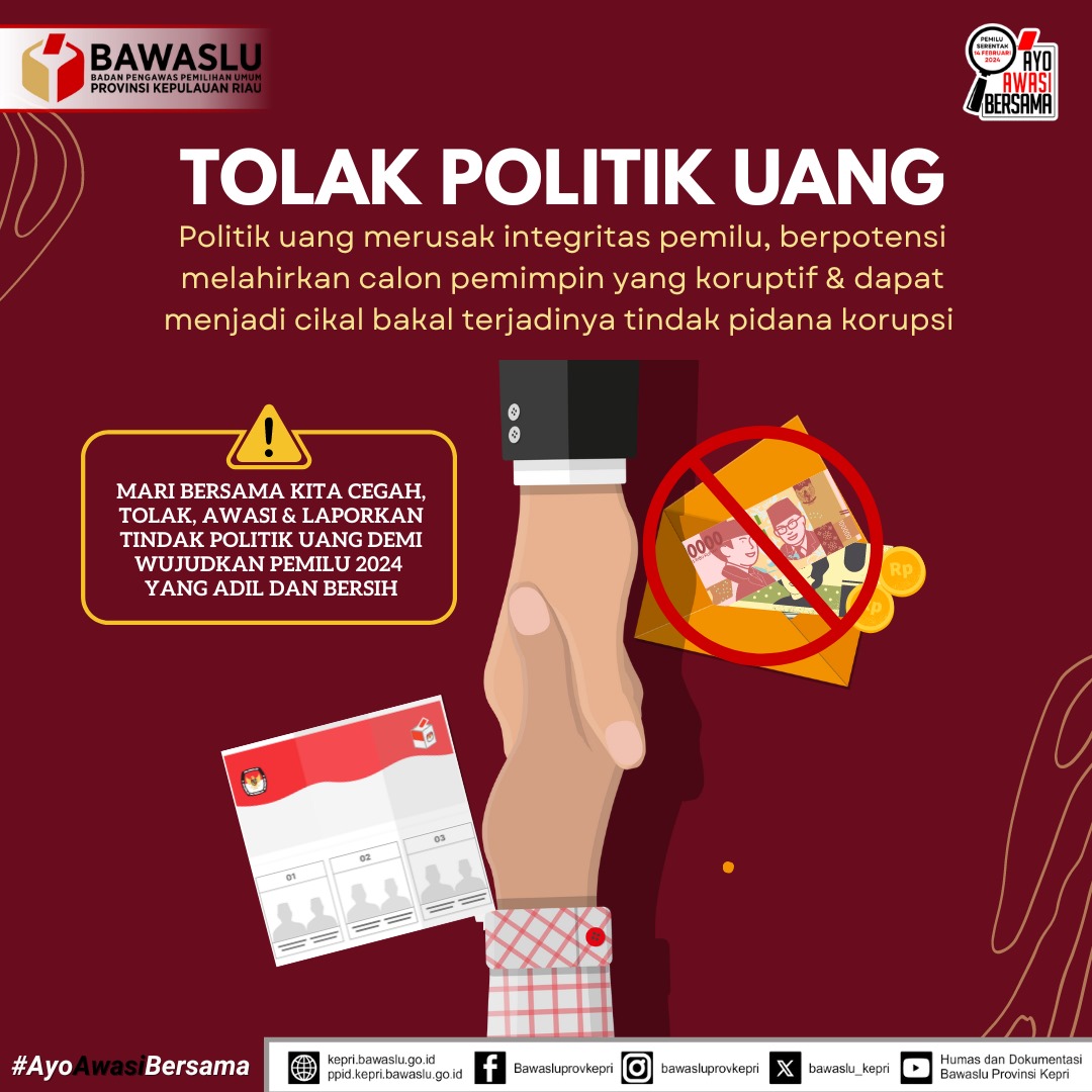 joyce16889's tweet photo. Selain merusak integritas pemilu, politik uang juga berpotensi melahirkan calon-calon pemimpin koruptif.
mari bersama kita cegah&amp;tolak
#TolakPolitikUang #PemiluBersihdanJujur #Pemilu2024 #BersamaAwasi #TolakUangnyaLaporkanPelakunya
@bawasluri
@bawaslukepri
@bawaslubatam
@UIBatam https://t.co/IOaTmwNnZT