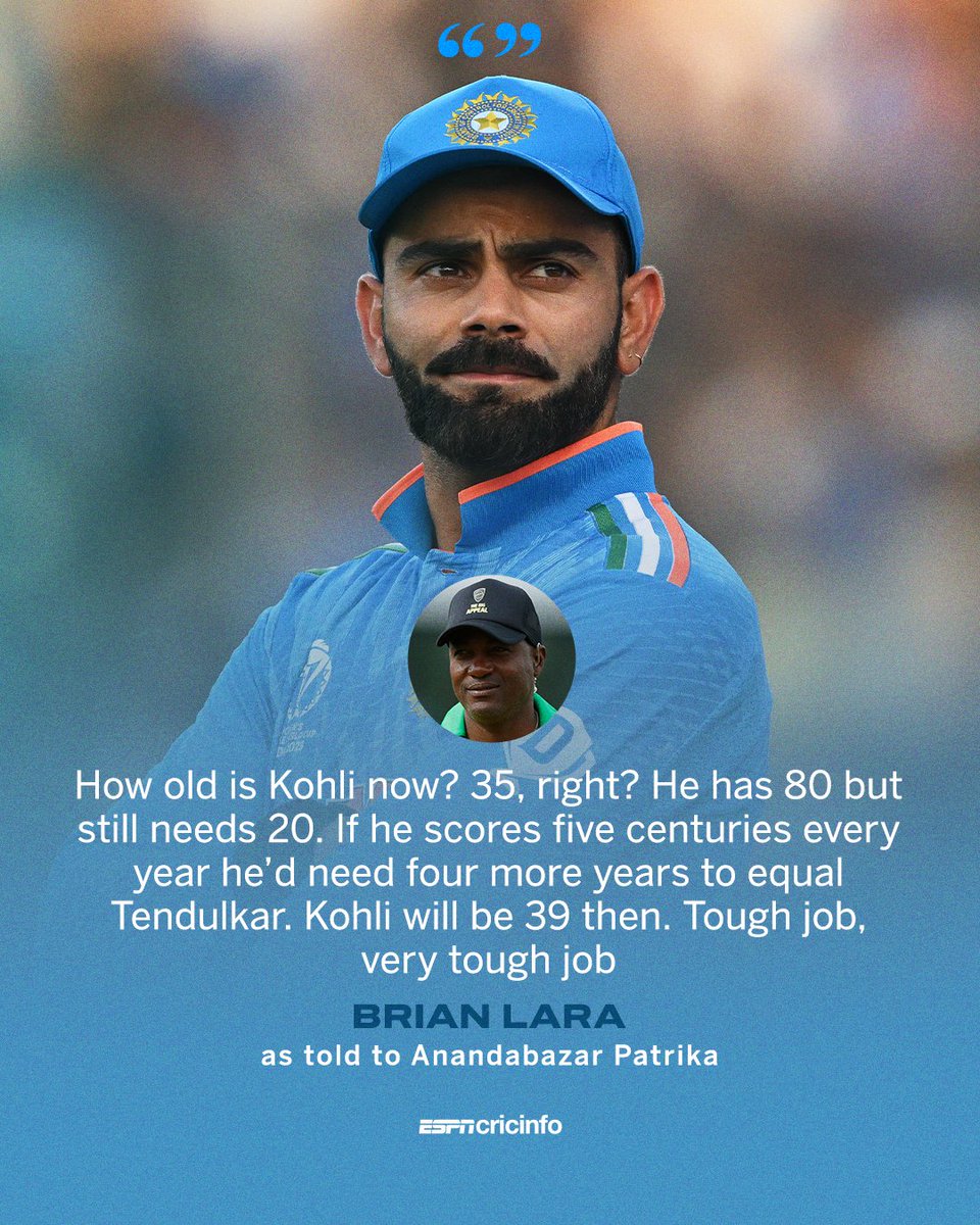 cricinfo's tweet photo. Brian Lara paints the math for Virat Kohli to scale the centuries summit 🔝 https://t.co/45sSMQ3sZ3