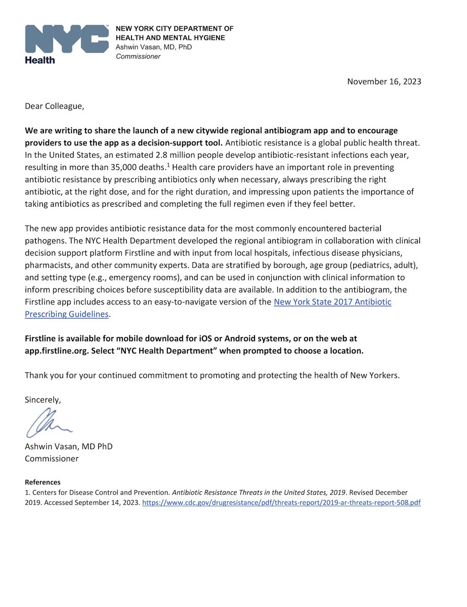 Providers: We are excited to share the launch of a new citywide regional antibiogram app and to encourage providers to use the app as a decision-support tool. Please read our letter below for more information⬇
