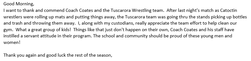 Kevin Kendro, CMAA (@fcpsathletics) on Twitter photo π« Thank you Coach Coates & the <a href="/_THS_Wrestling/">Tuscarora High School Wrestling Team</a> program for your servant leadership last night.
π« Thank you <a href="/CatoctinAD/">Catoctin Athletics</a> for taking the time to thank & commend them.
π« <a href="/FCPSMaryland/">FCPS-MD</a> could not be more proud of these young men & women!
<a href="/THSTitans/">FCPS Tuscarora HS Athletics</a> <a href="/CatoctinHS/">Catoctin High School</a> <a href="/MPSSAA_Org/">MPSSAA</a>
β¬οΈβ¬οΈ π« Thank you Coach Coates & the <a href="/_THS_Wrestling/">Tuscarora High School Wrestling Team</a> program for your servant leadership last night.
π« Thank you <a href="/CatoctinAD/">Catoctin Athletics</a> for taking the time to thank & commend them.
π« <a href="/FCPSMaryland/">FCPS-MD</a> could not be more proud of these young men & women!
<a href="/THSTitans/">FCPS Tuscarora HS Athletics</a> <a href="/CatoctinHS/">Catoctin High School</a> <a href="/MPSSAA_Org/">MPSSAA</a>
β¬οΈβ¬οΈ