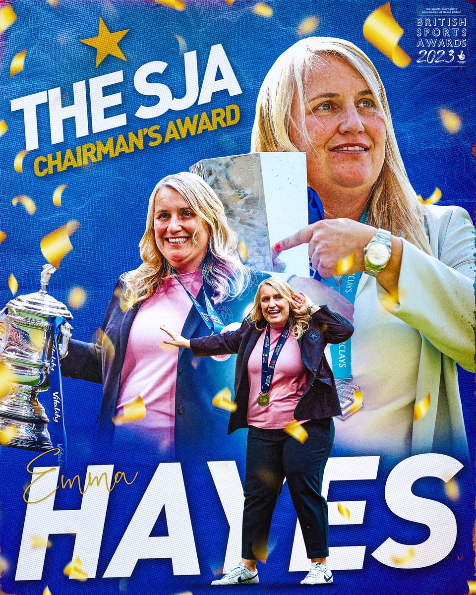 The #SJA2023 Chairman’s Award goes to Chelsea manager Emma Hayes! Emma has settled for nothing less than excellence both on and off the pitch, sometimes even transcending sport.   Her current trophy cabinet consists of six WSL titles, among many more. Congratulations Emma! 👏
