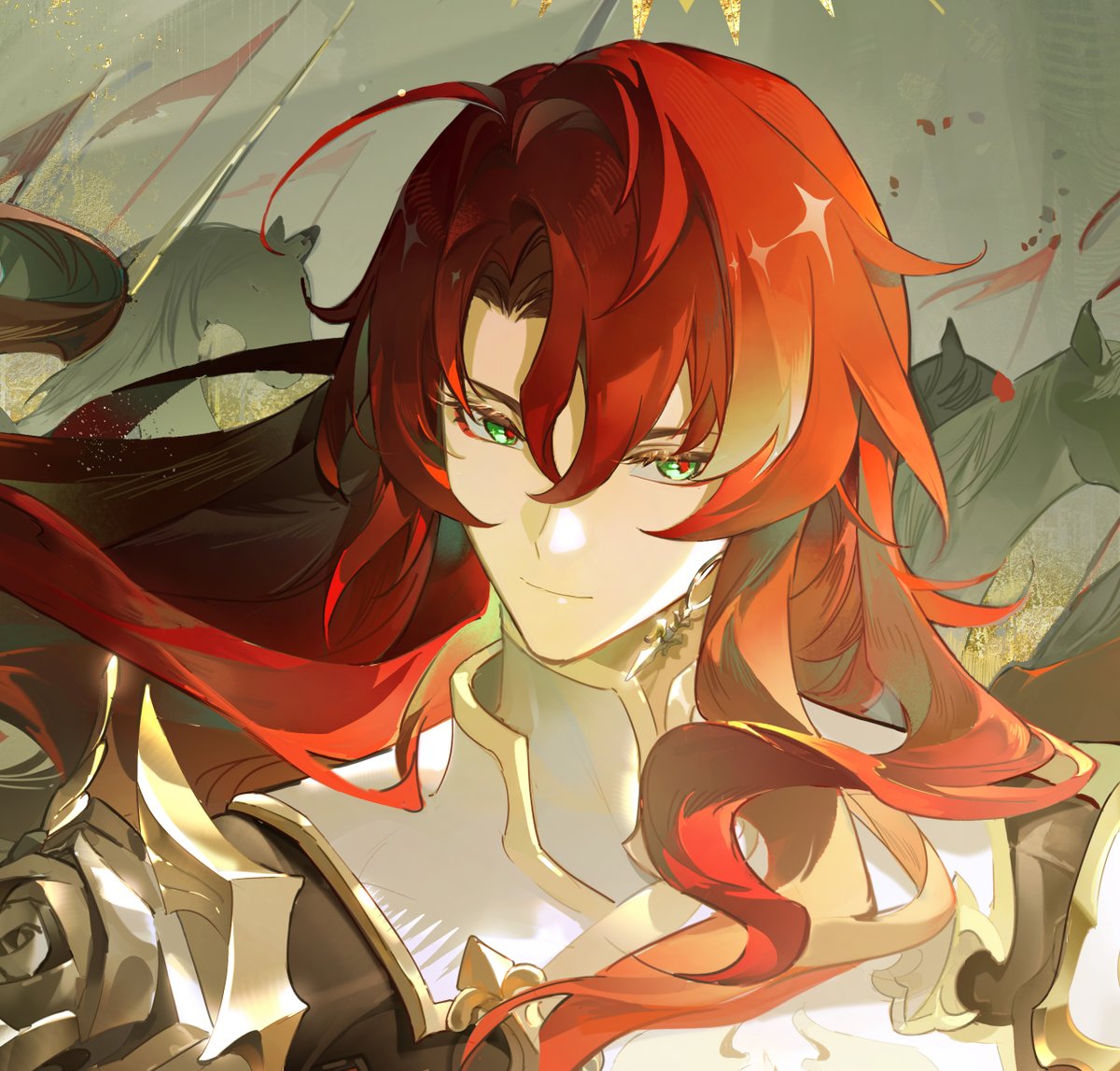 red hair long hair male focus 1boy green eyes looking at viewer armor  illustration images