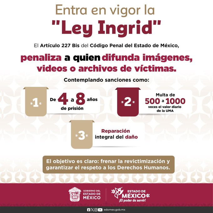 ENTRA EN VIGOR LA LEY INGRID EN EDOMEX El Gobierno del Estado de México, encabezado por la maestra Delfina Gómez, trabaja para evitar la revictimización y erradicar la normalización de la violencia. El @Edomex informó que incrementará las penas cuando se trate de la difusión de…