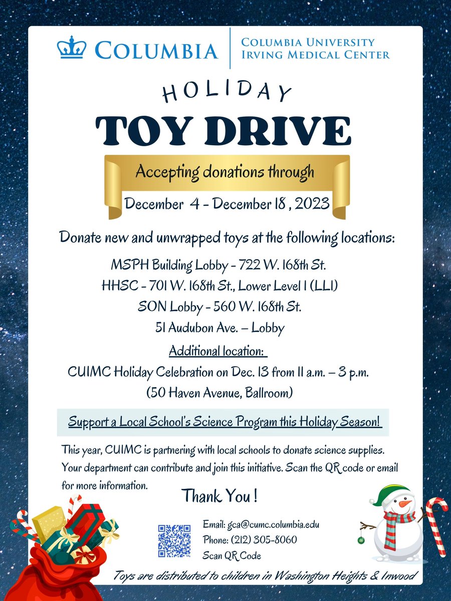 Calling all faculty, staff, and students @ColumbiaMed @ColumbiaMSPH @ColumbiaNursing @ColumbiaUDental! Donate new, unwrapped toys to children in Washington Heights! 🎁 We are running the toy drive from now until Monday, December 18. More details: bit.ly/3uLBNFU