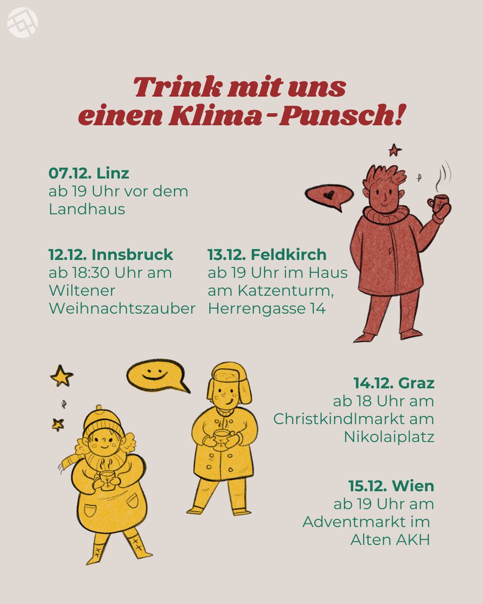 Gerade jetzt zeigt es sich, wie wichtig es ist sich für den Klimaschutz stark zu machen. Wir wollen uns mit dir austauschen und neue Ideen für eine klimafitte Zukunft schmieden.

Komm vorbei, um mit uns bei einem Punsch zu plaudern.

Wir freuen uns auf dich auf dich 💚🤗