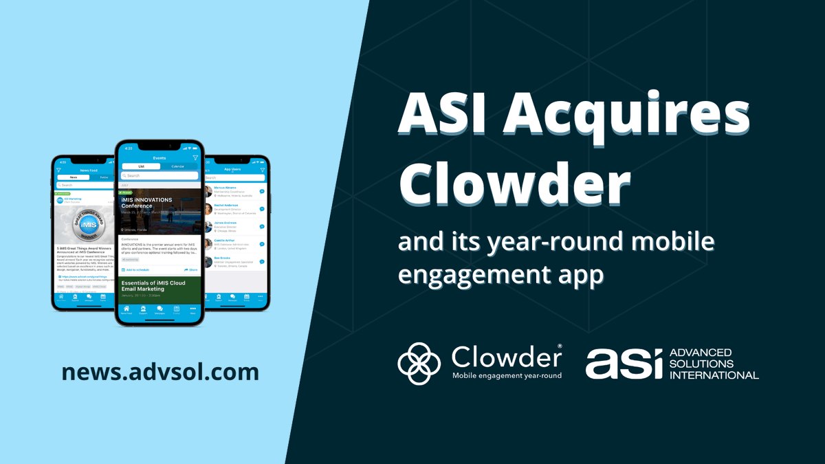 We're excited to announce that Advanced Solutions International (ASI) has acquired <a href="/ClowderApps/">Clowder®</a> and its year-round mobile engagement app.

Clowder joins <a href="/iMISbyASI/">iMIS</a>, <a href="/TopClassLMS/">TopClass LMS</a>, and <a href="/GetOpenWater/">OpenWater</a> in our suite of association &amp; non-profit cloud solutions.

bit.ly/46LTUsr