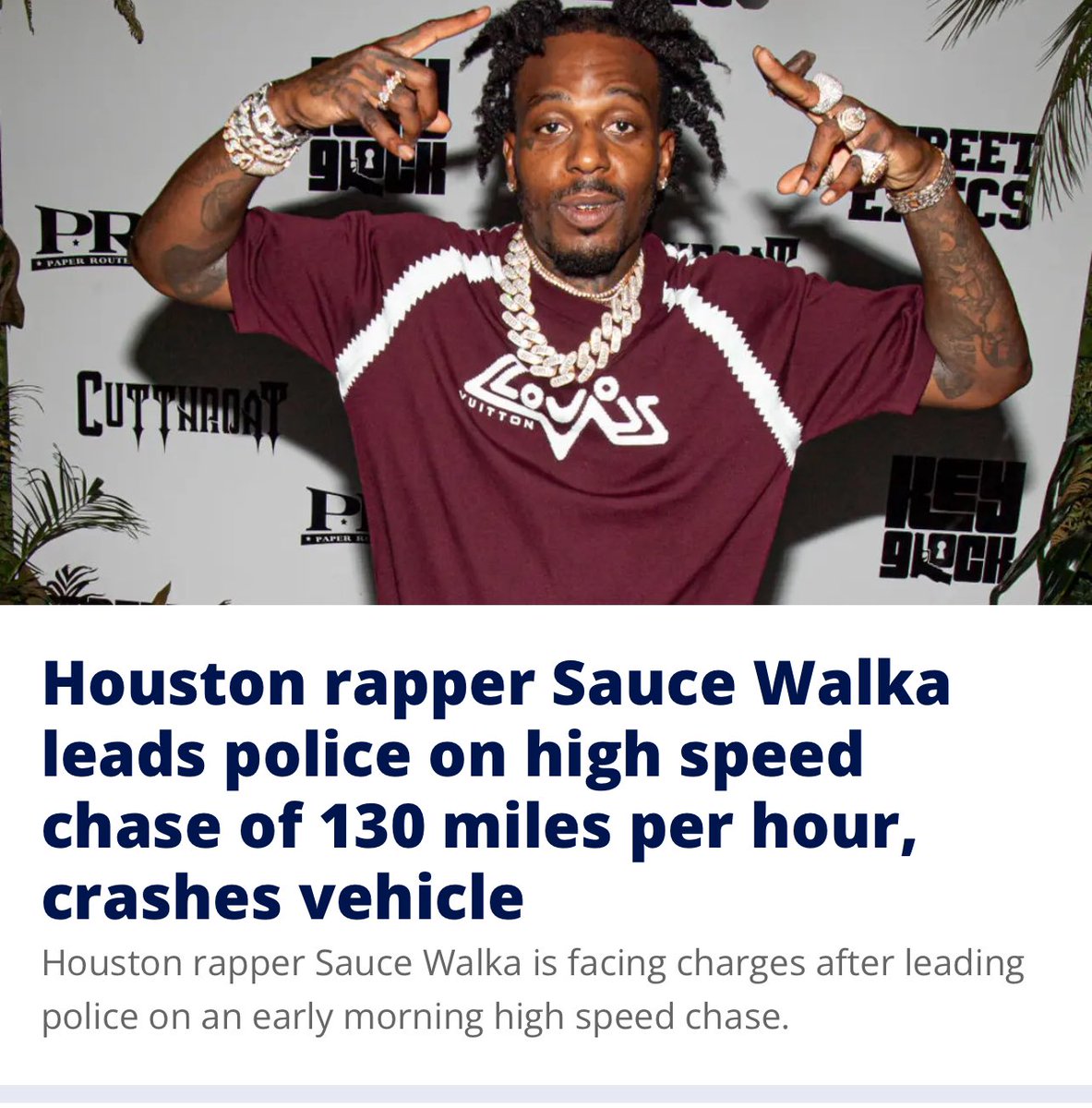 theChromeSignal's tweet photo. Sauce Walka leads police on high speed chase and flips trackhawk over 4 times in Houston…he’s charged with evading arrest or detention - motor vehicle, watercraft, or tire deflation device. 😢🙏🏾
Sauce got a court date set for Friday 🥶 #STEPitupB https://t.co/tRzZi4VcoZ