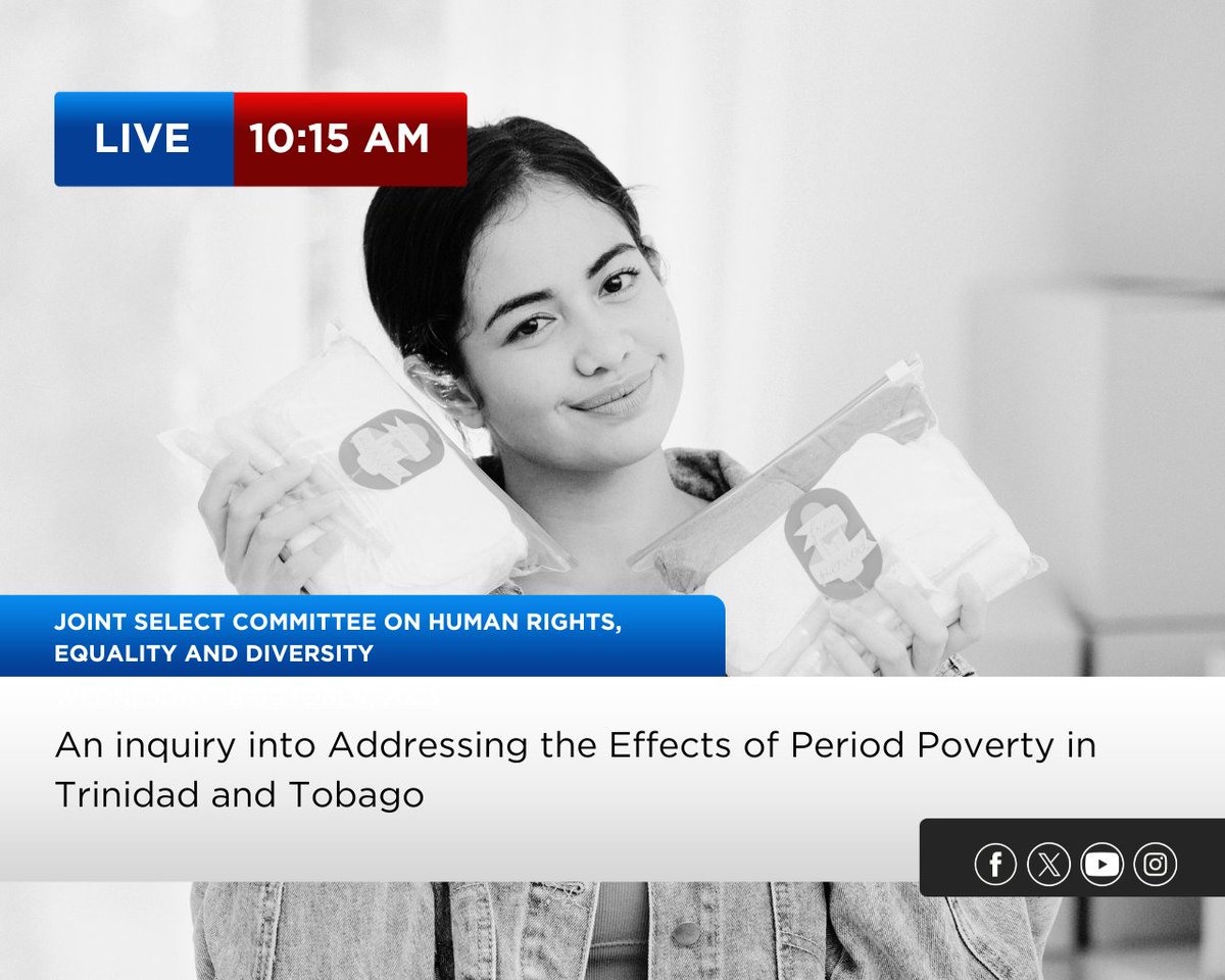 Join us TODAY at 10:15 a.m. on Parliament Channel 11, Radio 105.5 FM or ParlView as we bring you LIVE coverage of the #JSCHRED inquiry into addressing the effects of period poverty in Trinidad and Tobago.

Be sure to tune in!
youtube.com/live/zEu4Ip3I2…