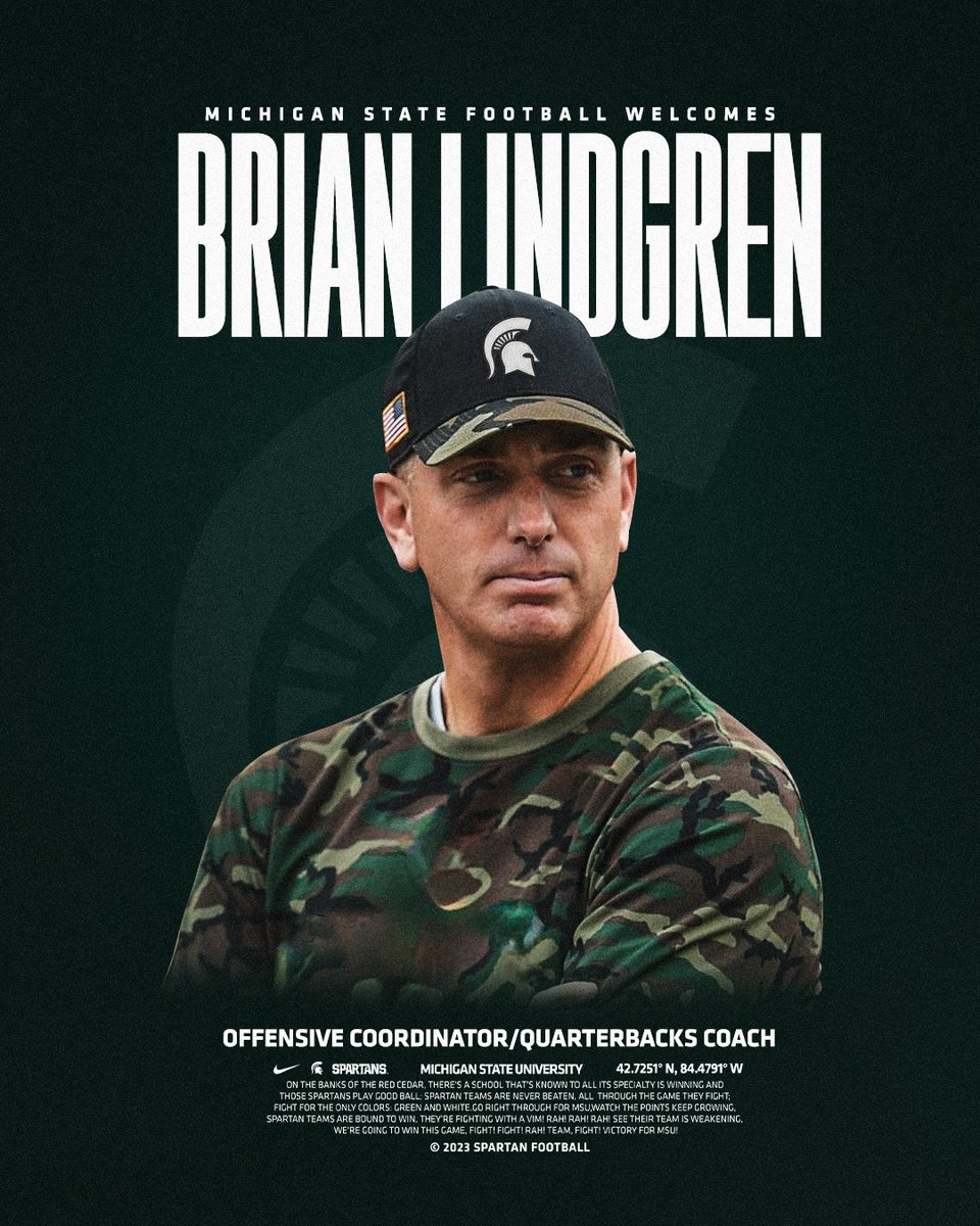 Welcome to East Lansing, @Coach_Lindgren! Brian Lindgren joins the Spartans as Offensive Coordinator/QBs Coach after 6 seasons with Oregon State. He is a two-time Broyles Award nominee (2019 & 2021) as one of the top assistant coaches in college football. #GoGreen
