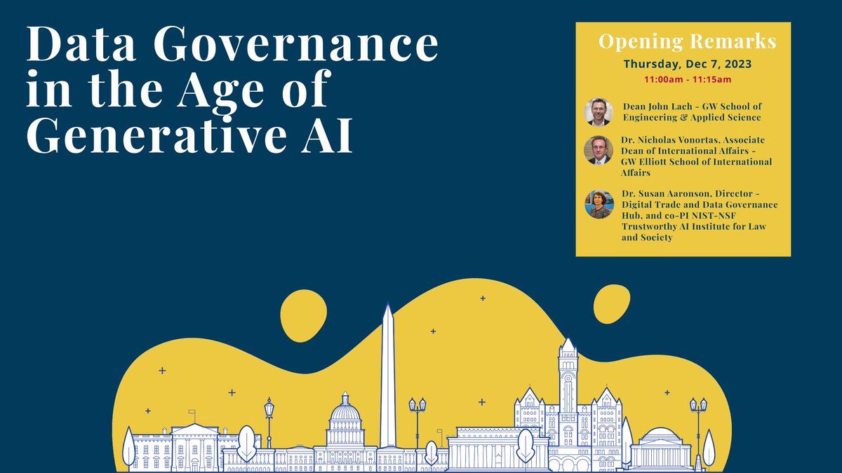The Digital Trade and Data Governance Hub (@datagovhub) on Twitter photo We are just moments away from the start of the #DataGovGenAI2023 two-day conference. First up, opening remarks from <a href="/gwuengineering/">GW Engineering</a> <a href="/GWEngrDean/">John Lach</a> John Lach, <a href="/ElliottSchoolGW/">The Elliott School</a> Associate Dean Nicholas Vonortas, and our very own <a href="/AaronsonSusan/">Dr. Susan Ariel Aaronson</a>. Tune in live! We are just moments away from the start of the #DataGovGenAI2023 two-day conference. First up, opening remarks from <a href="/gwuengineering/">GW Engineering</a> <a href="/GWEngrDean/">John Lach</a> John Lach, <a href="/ElliottSchoolGW/">The Elliott School</a> Associate Dean Nicholas Vonortas, and our very own <a href="/AaronsonSusan/">Dr. Susan Ariel Aaronson</a>. Tune in live!