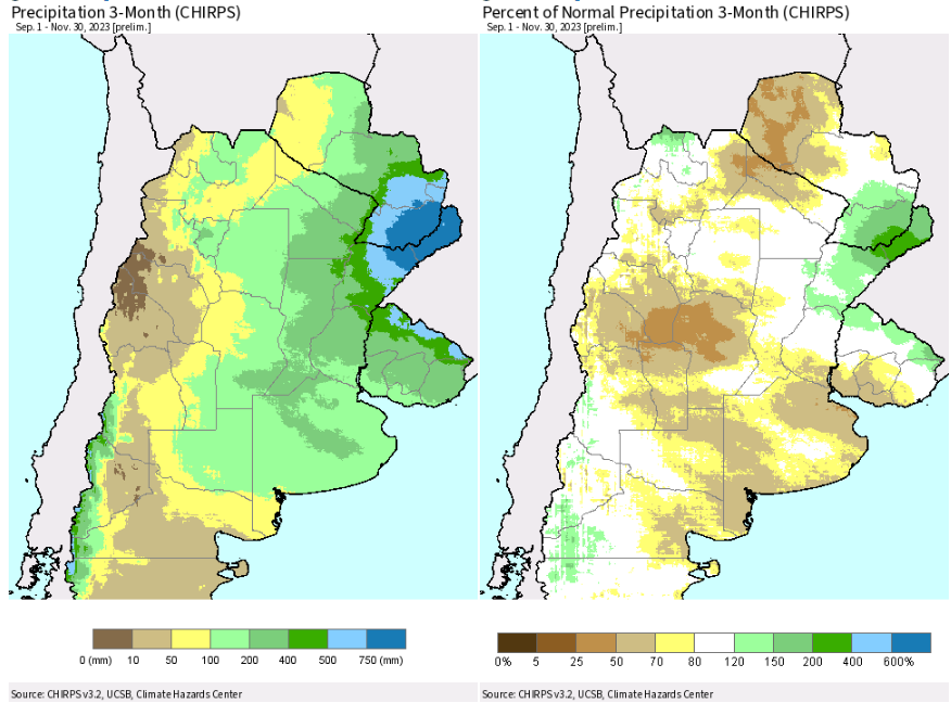 mario_bidegain's tweet photo. #lluvia acumulada (izq.) y anomalías (der.) sobre #Argentina, #Paraguay y #Uruguay, en SetOctNov 2023, según Chirps. Amplias regiones en Argentina con anomalías (-), Misiones y Corrientes (+). Signo + en R.O. Paraguay, N y E de Uruguay. https://t.co/oVIa9wj7Mn
