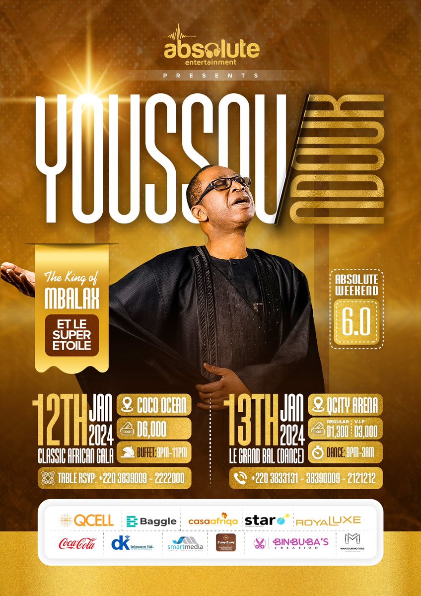 HEW HEW💃🏾
The biggest event by your events master planners🙌🏾
#AbsoluteEntertainment 
#AbsoluteWeekend 
#AbsolutelyBiggerAndBetter 
#YoussouNdour 
-
Reserve your tables and tickets now! 
Infoline: 3939009 , 3833131, or 2121212