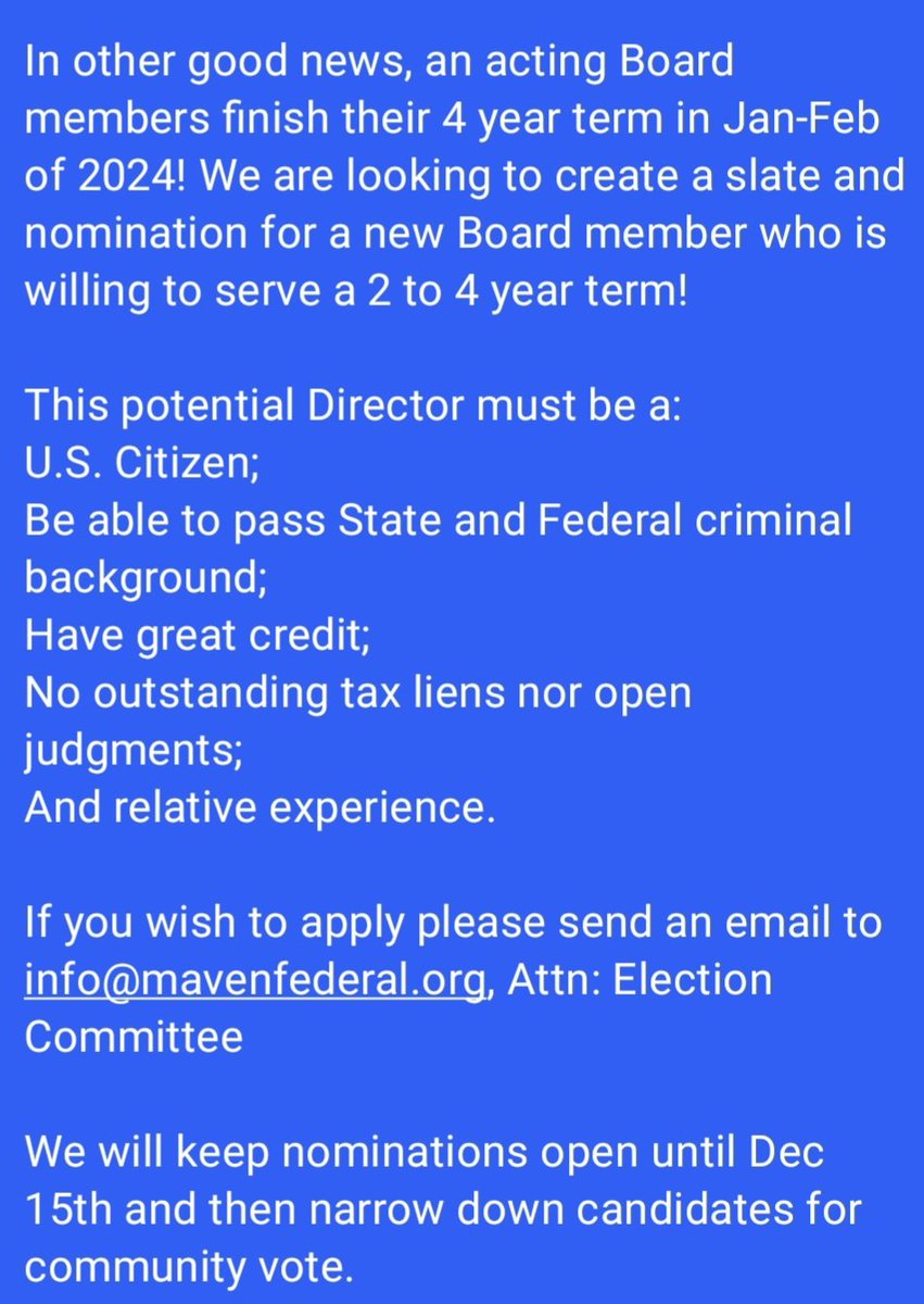 MavenFederalCU's tweet photo. Just a reminder, Dec 15th deadline to be considered a candidate for Board! https://t.co/vIu1Ik9uoO