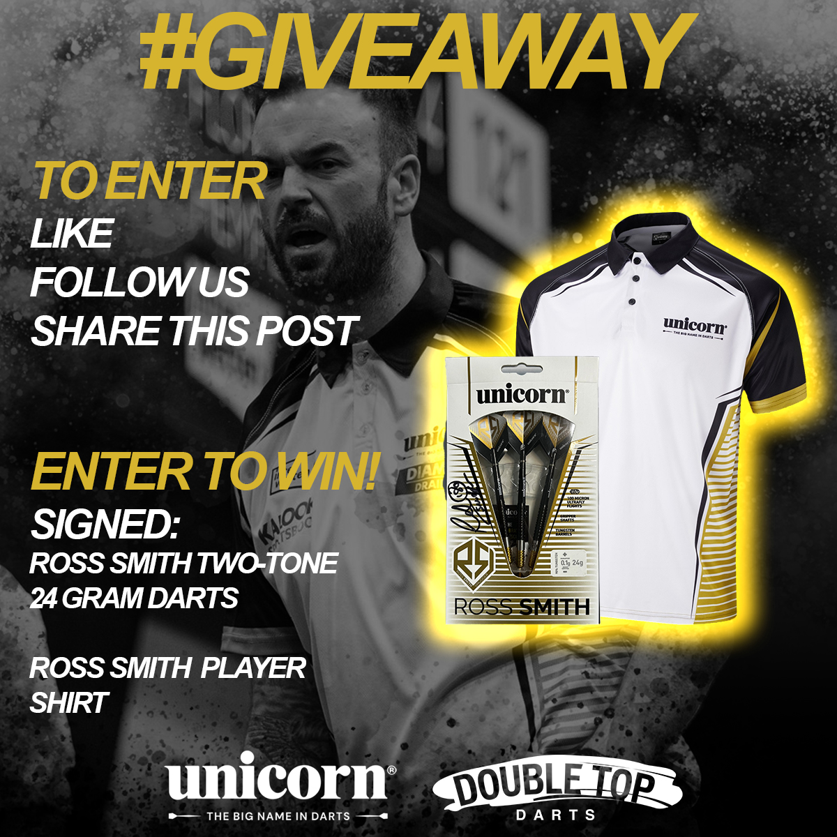 🏆ROSS 'SMUDGER' SMITH🏆

In collaboration with @UnicornDarts and @RossSmith180 we're giving away a signed set of Ross's Two-Tone 24G Darts and a Signed Player Shirt!

To Enter 
- Like ✅
- Follow Us ✅
- Retweet✅

Check out his darts: bit.ly/Ross-Smith

#Giveaway #Unicorn