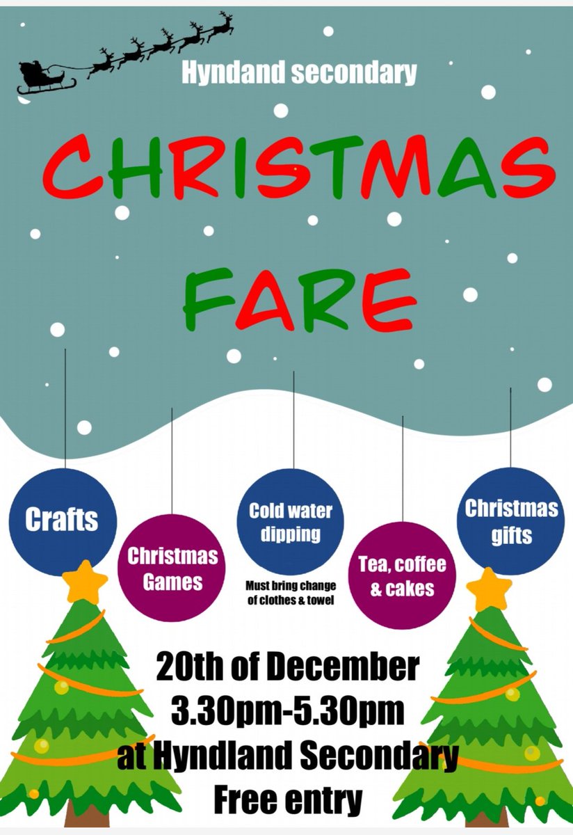 We are excited to announce our Christmas Fare on the 20th of December! 🎄🎅 from 3.30pm-5.30pm This is free to attend and will have stalls, crafts, food, music, games and (if you're brave enough) cold water dipping (bring a change of clothes & towel) @HyndlandSec @FARE_Scotland
