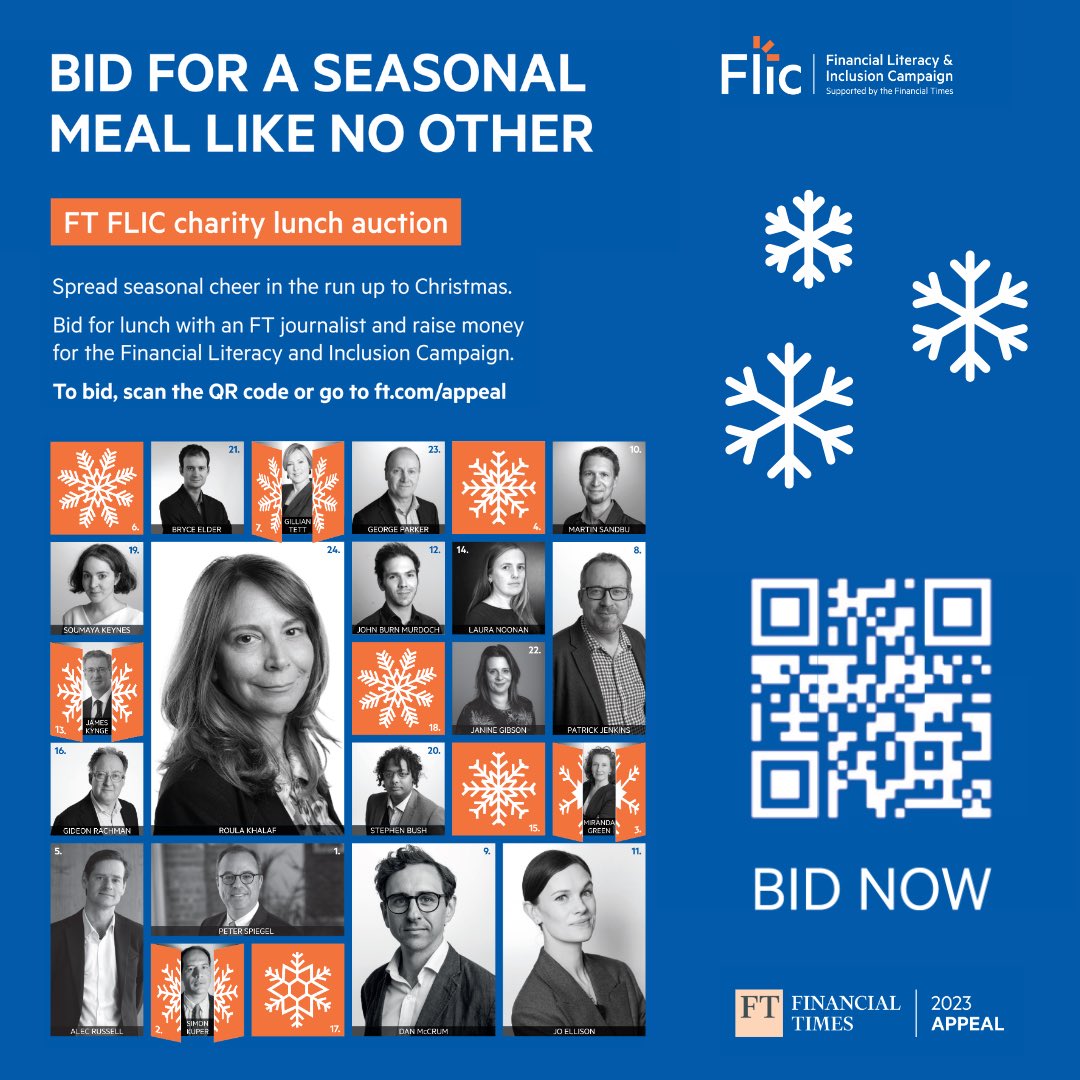 Get bidding now for lunch with your favourite FT journalist … or me if you lose the bidding on your real favourite!! Details below… all in aid of our fast-growing financial literacy charity FLIC