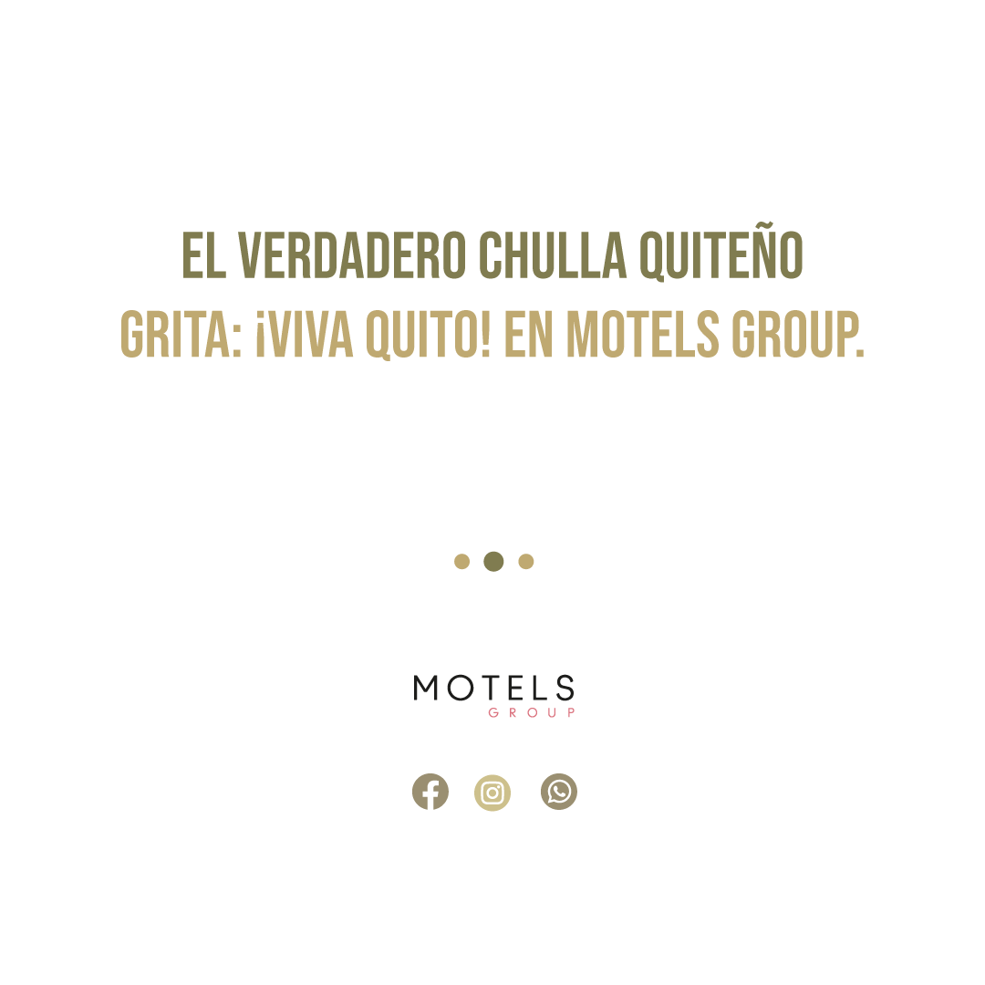 🔥El verdadero chulla quiteño grita: ¡Viva Quito! en Motels Group

¡Te esperamos!  😈

#MotelesBioseguros Visítanos!  
#Norte: Venecia y #BlackSuites by #Venecia 
#Sur: Cabañas del Sur Motel y 1001 Noches Motel 
#ValleDeLosChillos: Oasis Motel y Dubai Motel