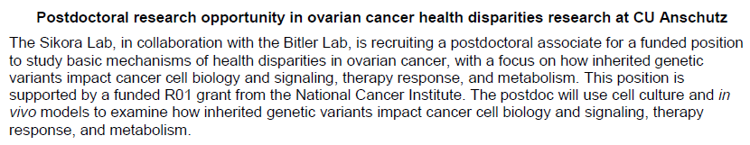 We're recruiting a #postdoc for this ovarian cancer health disparities project! Come join @SikoraLab and @bitlerlabucd in Colorado. More on the project here: news.cuanschutz.edu/cancer-center/… Apply here: cu.taleo.net/careersection/…