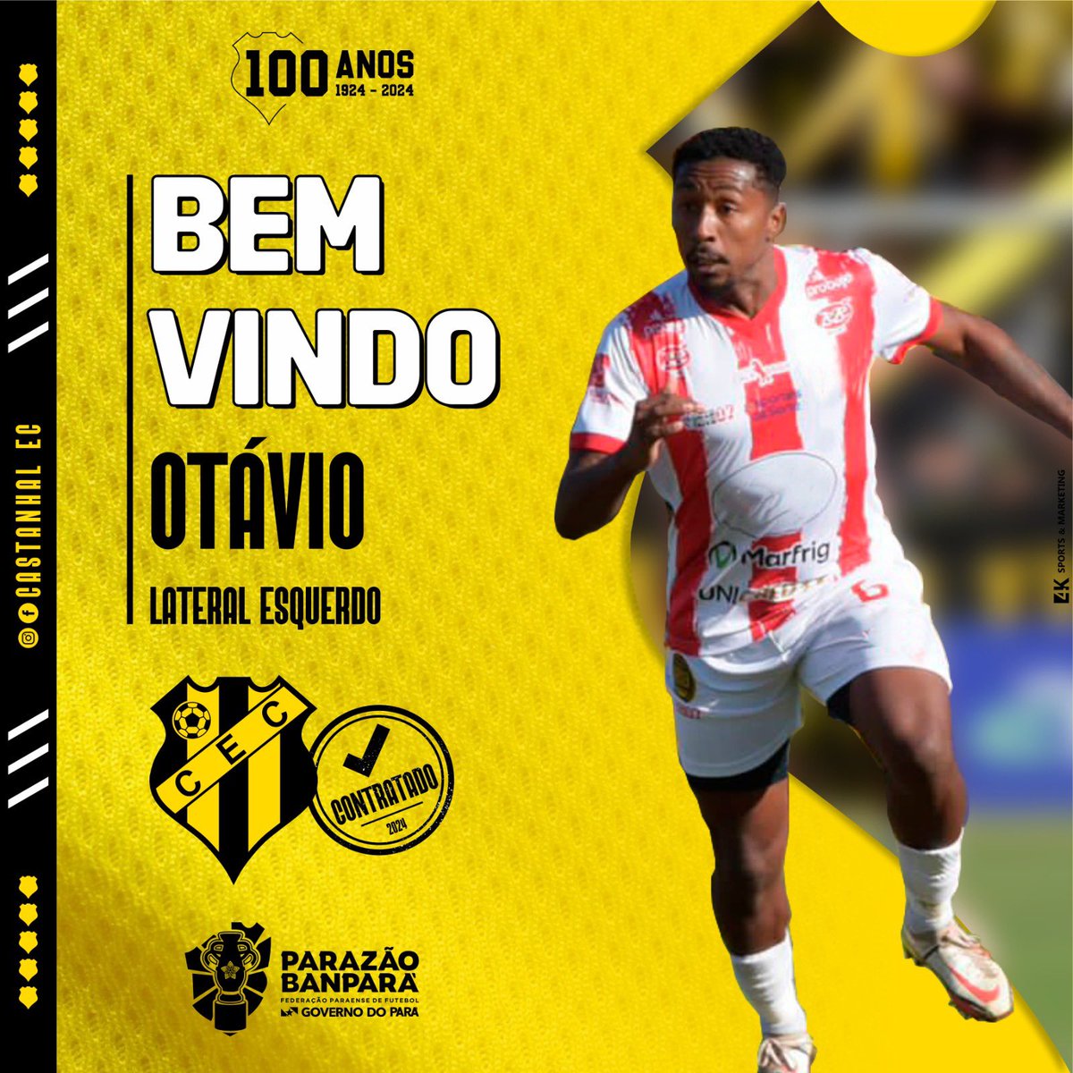 Castanhalec1924's tweet photo. CONTRATAÇÃO DO JAPIIM ⚫🟡

O Castanhal EC anuncia seu novo reforço para o Parazão 2024!

✔️ Lateral Esquerdo - 29 Anos
⚽ Com passagens por: Pelotas (RS), Vitória da Conquista (BA), Capital (DF) - Último clube: Guarany de Bagé (RS)

Seja BEM-VINDO Otávio! https://t.co/vSaoza3WkF