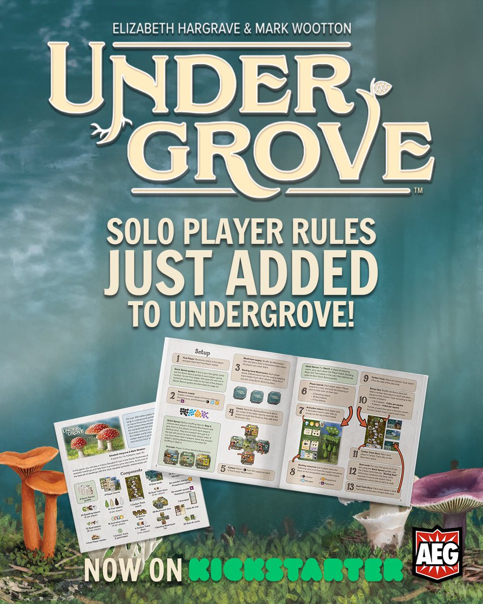 alderac's tweet photo. Hey there! We've just added the Solo Player Rules to the Rulebook. Check them out! 🥳🍄
https://t.co/eNU1KdKE7b
#Undergrove's campaign is coming to an end, so make sure to back the project and snatch your copy of the deluxe edition, including wood tiles, a guide featuring the art from the game with additional facts, and many other little upgrades!
https://t.co/OV2MdTjMYo