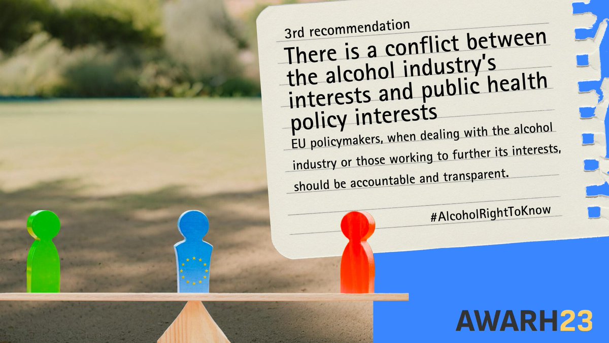 🇪🇺EU policy makers: There's a conflict between the alcohol industry's interests and public health. 
🚫Alcohol industry cannot be an interlocutor when it comes to public health.
👉awarh.eu/#recommendatio…

#AlcoholRightToKnow