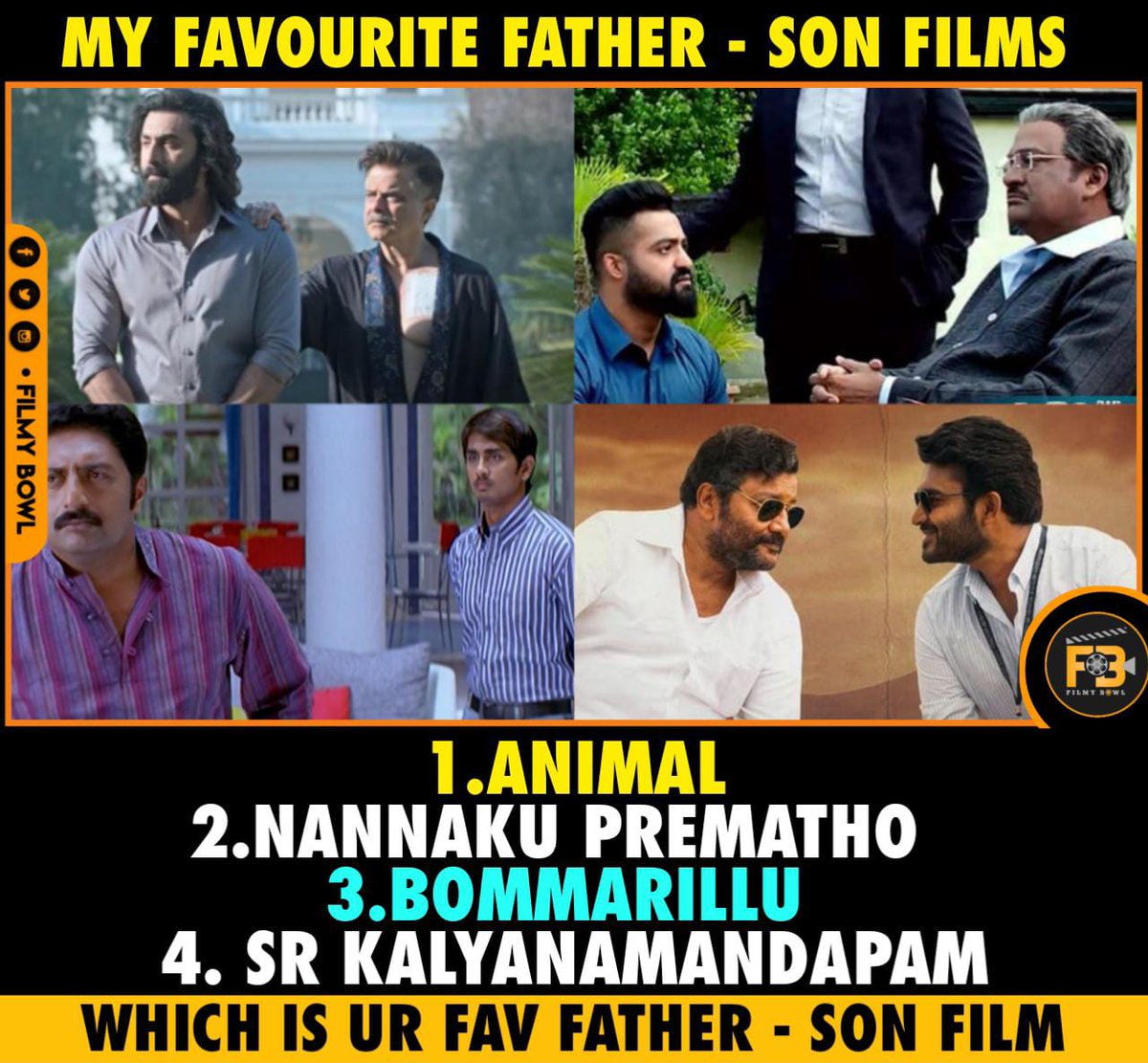 FilmyBowl's tweet photo. My favourite father - son films 

#Bommarillu
#Animal 
#Nannakuprematho
#SRkalyanamandapam

Which is ur fav father - son film 👇👇 https://t.co/05lnVhq7QI