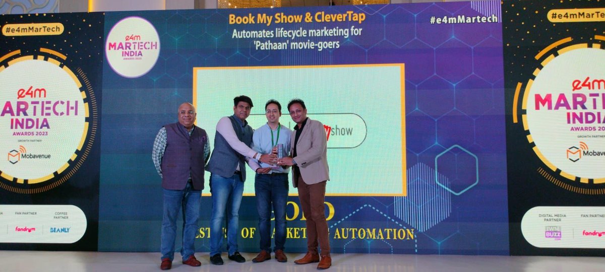 e4mevents's tweet photo. Many Congratulations to the outstanding achievers of the #e4mMartech Awards🌟
Category - Best use of Marketing Automation
Winners - @PivotRoots @NipponIndMFCare @HansaCequity
@bookmyshow
@CleverTap
@Mobavenue_
#e4mAwards #MartechAwards https://t.co/bx1iBZoJq0