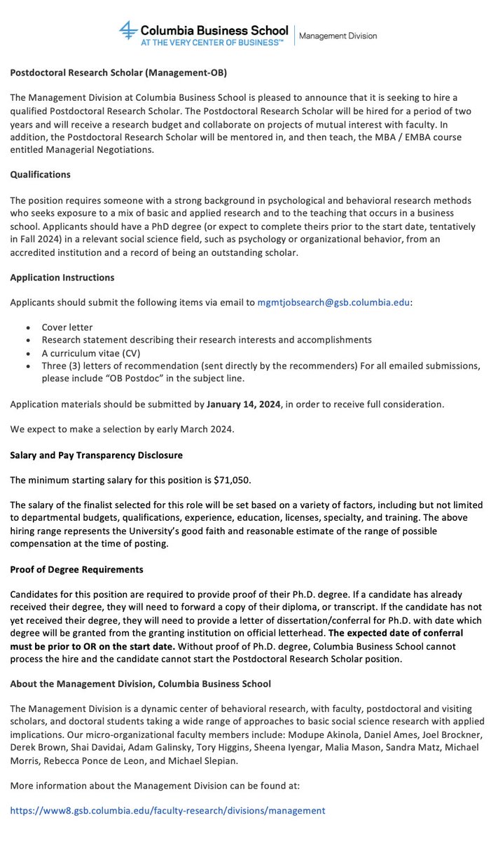 Please help spread the word - just announced post-doc! The Management Division of Columbia Business School is hiring! The post-doc will receive a research budget and collaborate with faculty. See the ad below, and reach out with any questions!