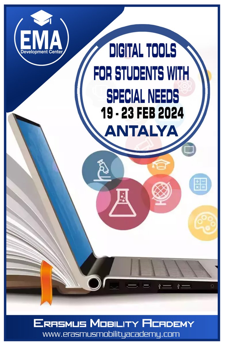 Erasmus+ CONFIRMED Courses
ANTALYA
19 -23 FEB 2024
Digital Tools for Students with Special Needs
Contact us: erasmusmobilityacademy.com/.../digital-to…
info@erasmusmobilityacademy.com
#specialneeds  #icttools #digitaltools  #LastCall #erasmusplusproject #antalya     #erasmus #erasmuscourses