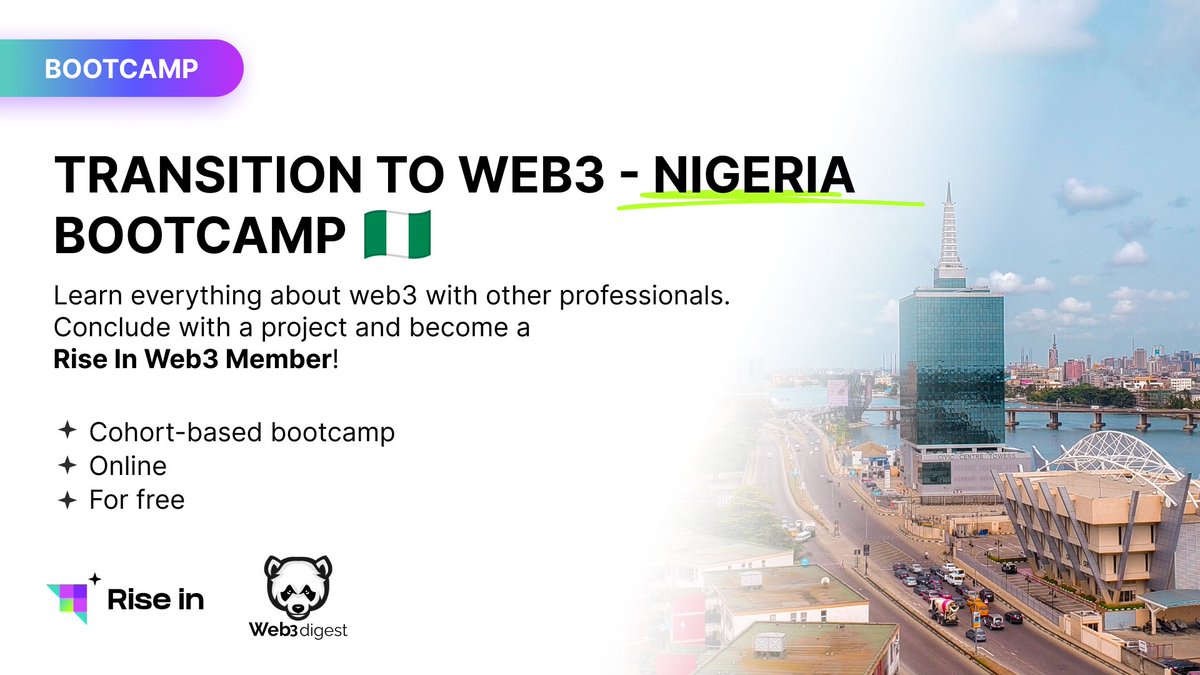 riseinweb3's tweet photo. Our first bootcamp #Nigeria is now open! Apply if you want to learn the fundamentals in web3! 🇳🇬

➡️ Apply: https://t.co/fVKzDSlmO0

💻 Learn the core concepts of web3 for FREE
⚙ Meet with your peers to work on use cases
🪪 Receive a special NFT certificate

🎉 Graduation ceremony in Lagos!

Apply by Dec. 31 to join! 👇
🔗 https://t.co/fVKzDSlmO0

Hosted by @theweb3digest and @risein_com.