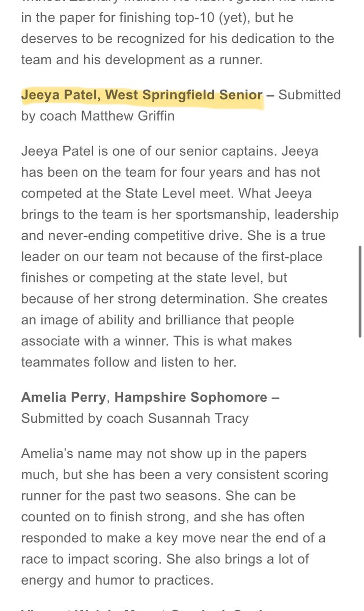 wshsterriers's tweet image. Congratulations to Jeeya Patel of our Girls Cross Country team for being named an Unsung Hero!👏🏻🏃‍♀️ #goterriers

masslive.com/highschoolspor…