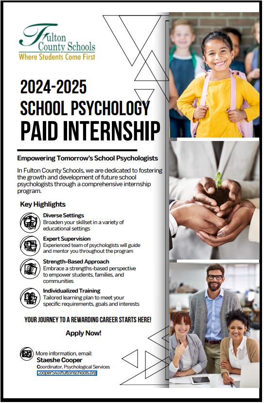 FCSSchoolPsychs's tweet photo. As Fulton County grows, so does our need for school psychologists. We are in search of interns for the 2024-2025 school year. Come grow with us! https://t.co/ArBzEH8Pxe