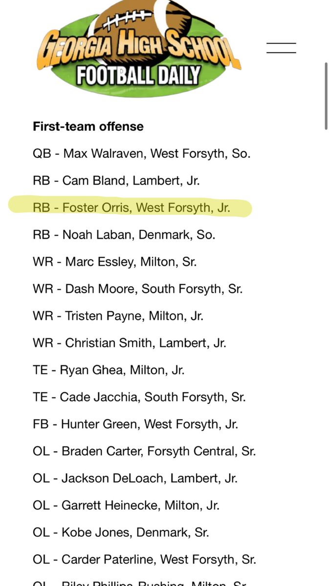 Thankful to receive 1st team all-region in 7A Georgia @WestForsythFB @recruits_west @JohnLaden12 @DaveSvehla @RecruitGeorgia @GeorgiaFootball @MattDeBary @ClemsonFB @PaladinFootball @evanselitesport @FootballHotbed @RustyMansell_ @gapreps @DellMcGee @CoachJNich @OfficialGHSA