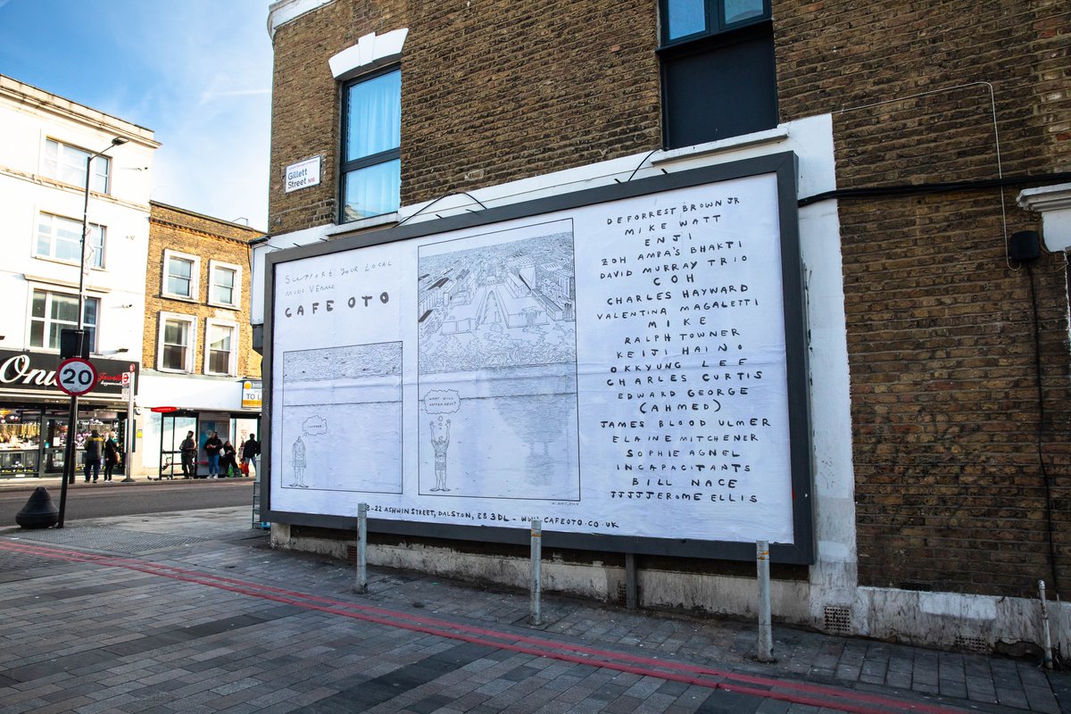 Check out our lovely billboard on the corner of Gillett Square. Design by Malcy Duff 👀 Support your local venue Cafe OTO! 🎶 The billboard includes some 2024 programme highlights, a few of which are on sale now. cafeoto.co.uk
