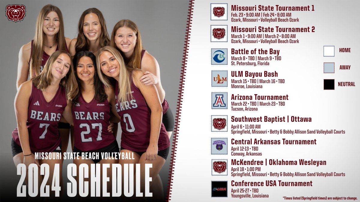 It's finally here! Our 2024 Beach Volleyball Schedule!

Stay tuned for more info!

#GoBears 🐻🏖️🏐
