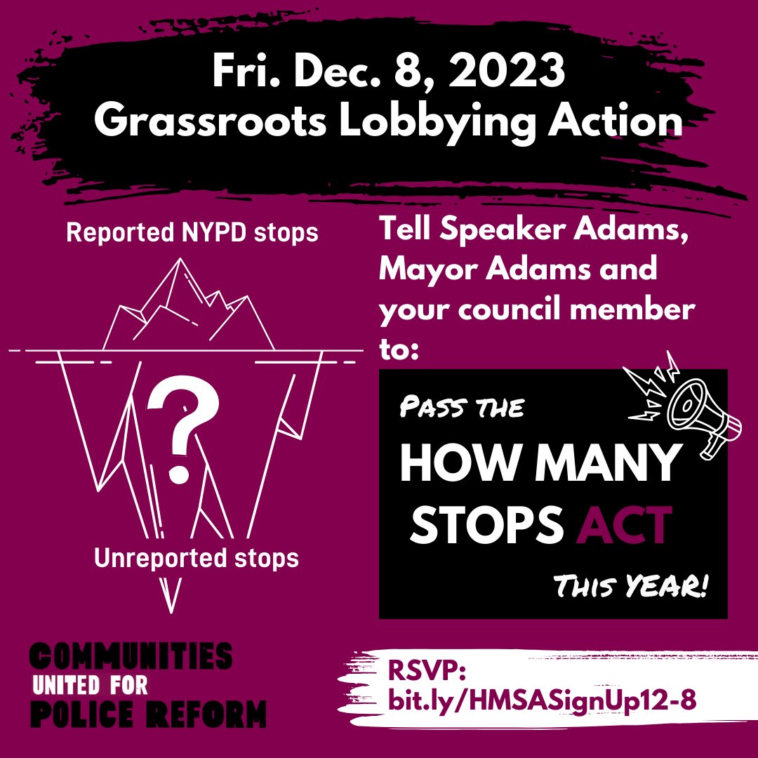 📢 NYC— URGENT: @NYCMayor is overseeing a surge in unconstitutional, discriminatory NYPD stops, but we only know a fraction of the truth because the NYPD isn't required to report most stops. Join us on 12/8 to take action to change this! RSVP: bit.ly/HMSASignUp12-8