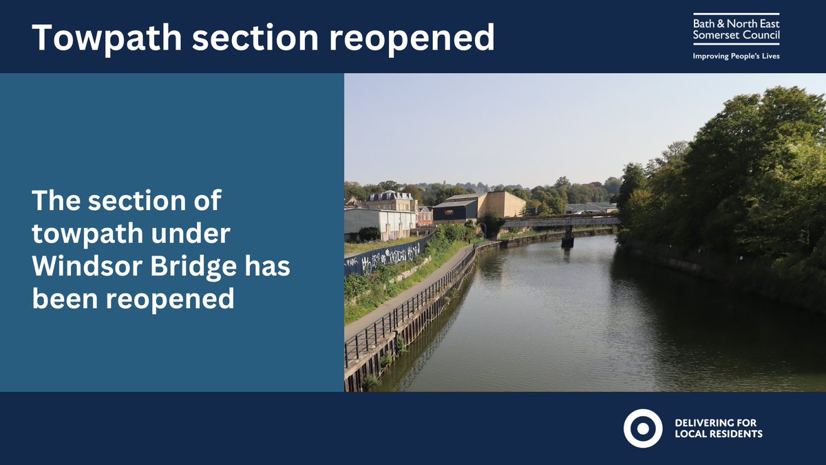 A section of the towpath under Windsor Bridge has been reopened after works to remove a redundant pipe bridge near completion. Landscaping works at the site will begin next year. A section of the towpath at Bath Quays remains closed but is on course to open soon.
