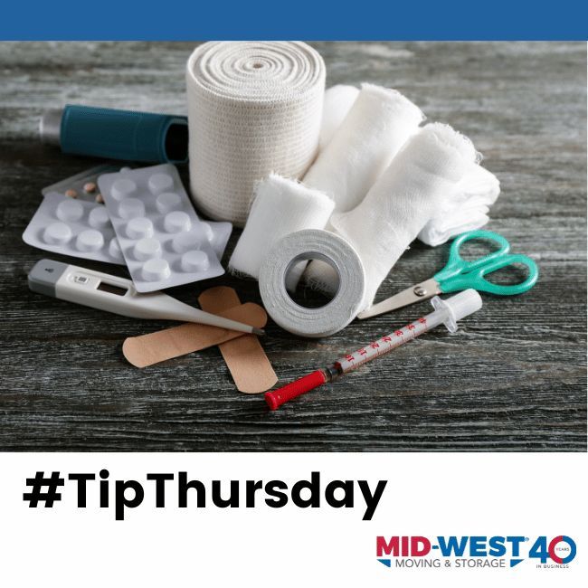 Accidents can happen during a move. Have a small first aid kit handy with bandages, pain relievers, and any necessary medications. #TipThursday #MovingTips #MovingCompany #ResidentialMover