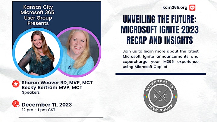 beckybertram's tweet photo. Monday, @sharoneweaver  and I will present at the KC #M365 User Group. She will provide a summary of announcements made at Ignite, and I will demo #Microsoft #Copilot. (Think of it like "Whose Lines Is it Anyway?" but with docs and preso!) Sign up now at https://t.co/rKRjsTtEV7 https://t.co/p0qS5GDEYq