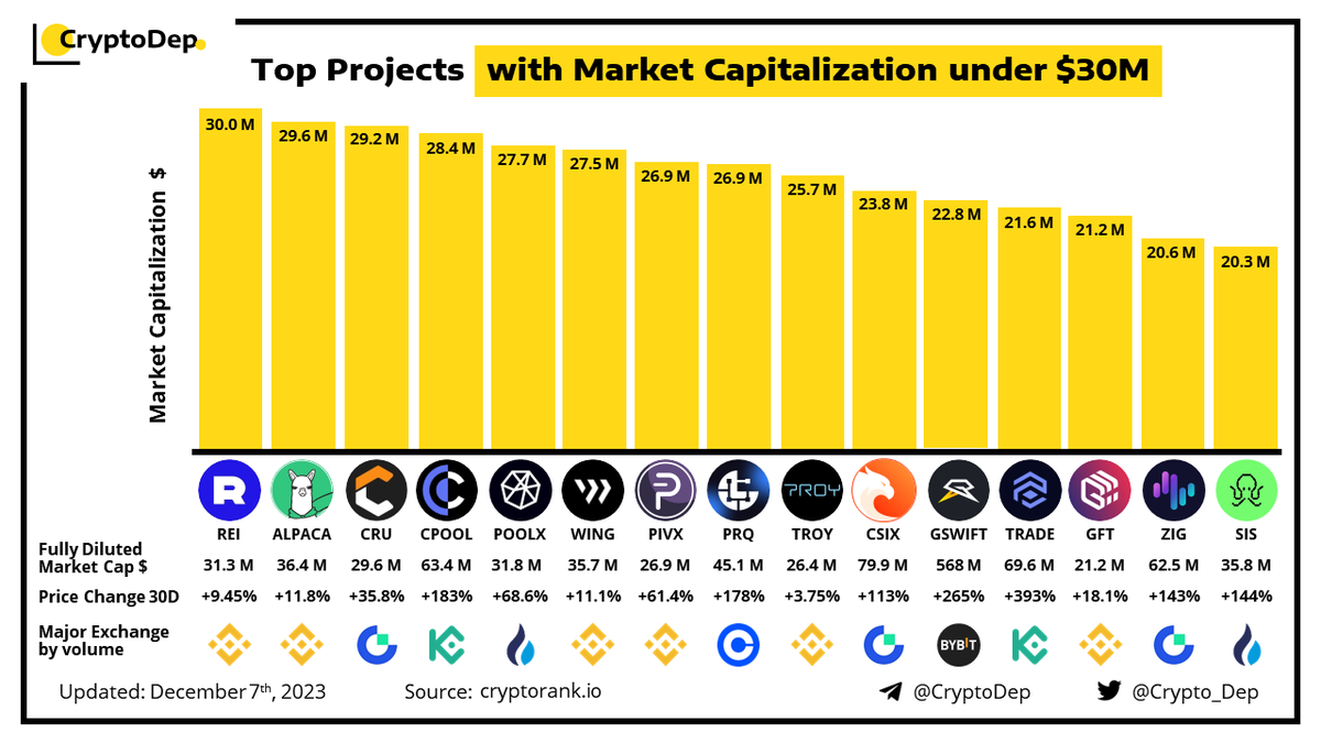 ⚡️Top Projects with Market Capitalization under $30M $REI $ALPACA $CRU $CPOOL $POOLX $WING $PIVX $PRQ $TROY $CSIX $GSWIFT $TRADE $GFT $ZIG $SIS