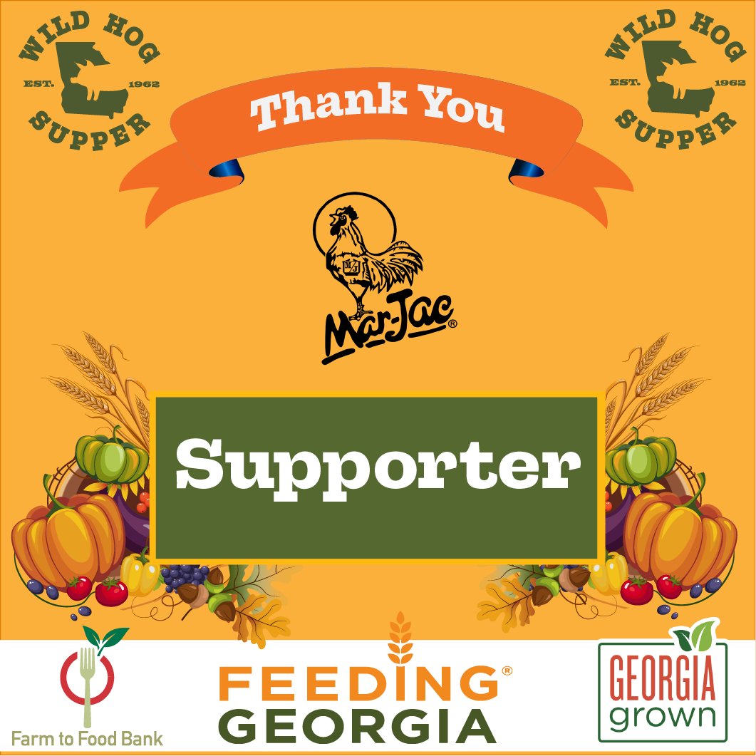 feedinggeorgia's tweet photo. We appreciate the generous support of @MarJacPoultry
for the 2024 Wild Hog Supper, benefiting #FeedingGeorgia's Farm to Food Bank program.  Sponsorship opportunities are still open. Email whs@feedinggeorgia.org for more details. 🐷 

@GeorgiaGrown #FarmtoFoodBank #WildHogSupper https://t.co/DPrwTj6gkE