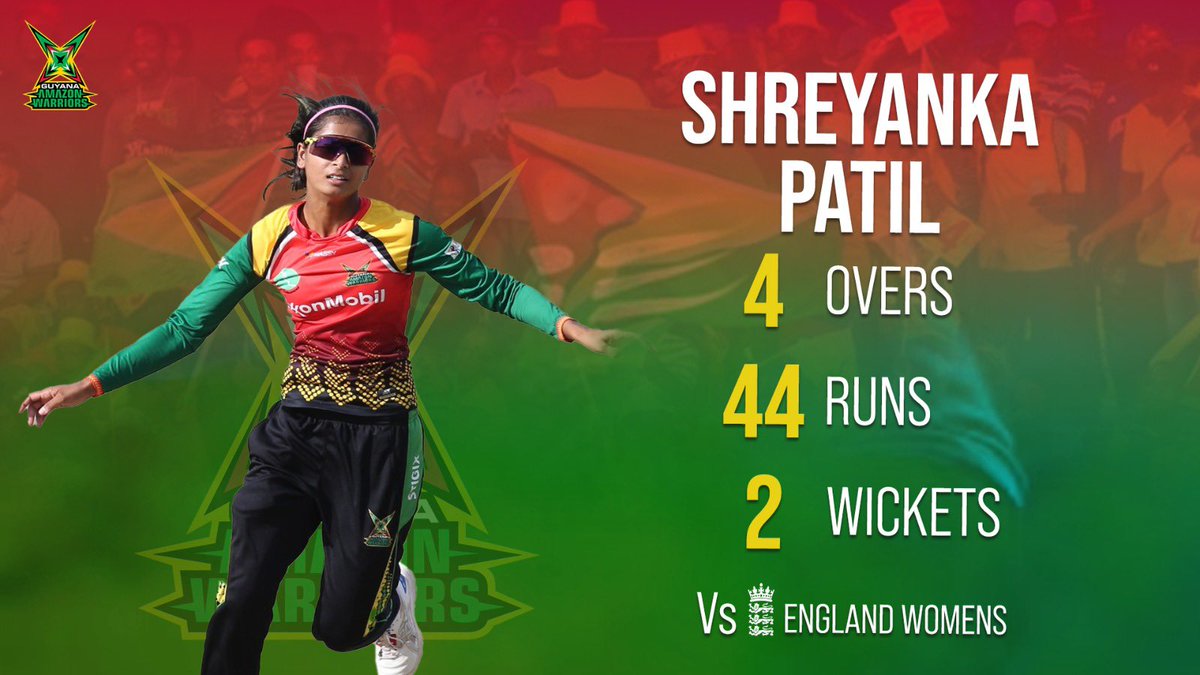 amznwarriors's tweet photo. Shreyanka made a big statement in the WCPL this year and now she makes a grand debut against England. Keep up the great work Warrior! 🤗 #GuyanaAmazonWarrior #WCPL23 #MassyWCPL #CPL23 https://t.co/5wKh6Bfpjy