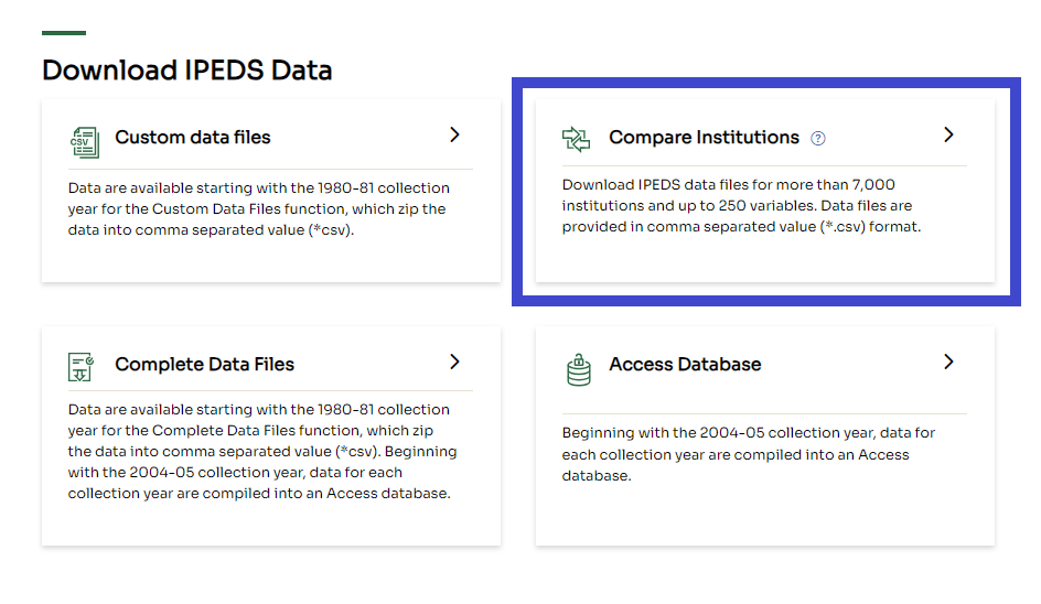 DYK? You can compare #EdData on colleges and universities side by side using the Compare Institutions #DataTool.

Check it out here: nces.ed.gov/ipeds/use-the-… nces.ed.gov/ipeds/datacent… #IPEDS

Need help getting started? Go here nces.ed.gov/ipeds/help/1