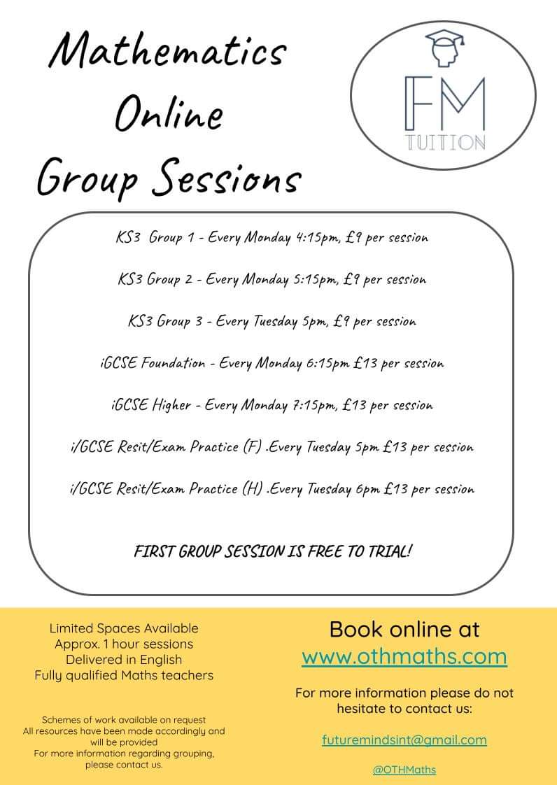 We still offer our first class for free!
Group online Mathe classes, ran by fully qualified Maths teachers. Native English speakers
Interactive resources and affordable prices
 
Book a free trial! 

#maths #gcse #gcsemaths #freeclass #edutwitter #education #tuition #mathshelp