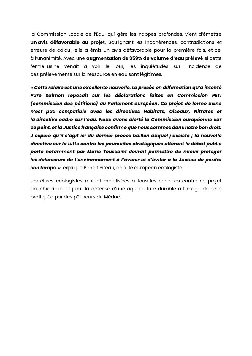 🐟#PureSalmon perd son procès en diffamation contre les fondatrices de <a href="/EauxSecoursA/">Eaux Secours Agissons</a>

Nous nous réjouissons de cette relaxe : bonne nouvelle pour celles et ceux qui agissent pour la protection de l'#environnement, trop souvent victimes de procédures judiciaires injustifiées !

👇