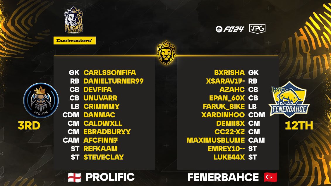 Virtual Pro Gaming (@officialvpg) on Twitter photo 👑 11v11 Competitive Clubs! <a href="/DuelmastersGG/">Duelmasters.io</a>
🏆 <a href="/VPGPremier/">VPG Esports Premier</a> 🦁
🏴 <a href="/ProlificFIFA/">Prolific FIFA</a>
🆚
🇹🇷<a href="/FBespor/">Fenerbahçe Espor</a>
🎙️ Presented by <a href="/GeorgeOverton_/">George</a> and <a href="/Sonia_vpg/">Sonia</a> 🔥
🎥 Live on YouTube: youtube.com/virtualprogami…
🕣 21:15 UK Time!
👥 Squads!
———————
🏴
@CarlssonFIFA
<a href="/danielturner_99/">Daniel Turner</a>
<a href="/DeVFIFA_/">Mark</a> 👑 11v11 Competitive Clubs! <a href="/DuelmastersGG/">Duelmasters.io</a>
🏆 <a href="/VPGPremier/">VPG Esports Premier</a> 🦁
🏴 <a href="/ProlificFIFA/">Prolific FIFA</a>
🆚
🇹🇷<a href="/FBespor/">Fenerbahçe Espor</a>
🎙️ Presented by <a href="/GeorgeOverton_/">George</a> and <a href="/Sonia_vpg/">Sonia</a> 🔥
🎥 Live on YouTube: youtube.com/virtualprogami…
🕣 21:15 UK Time!
👥 Squads!
———————
🏴
@CarlssonFIFA
<a href="/danielturner_99/">Daniel Turner</a>
<a href="/DeVFIFA_/">Mark</a>