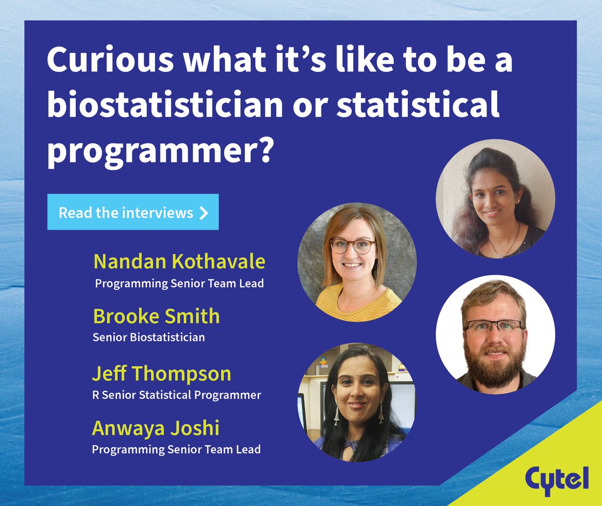 cytel's tweet image. 🌟 Interested in a #career as a #StatisticalProgrammer or #Biostatistician? Learn from Cytel employees about their experiences, impactful projects & what it’s like to work at Cytel: bit.ly/41aV2EO
#statistics #biostatistics #programming #statisticalprogramming #pharma